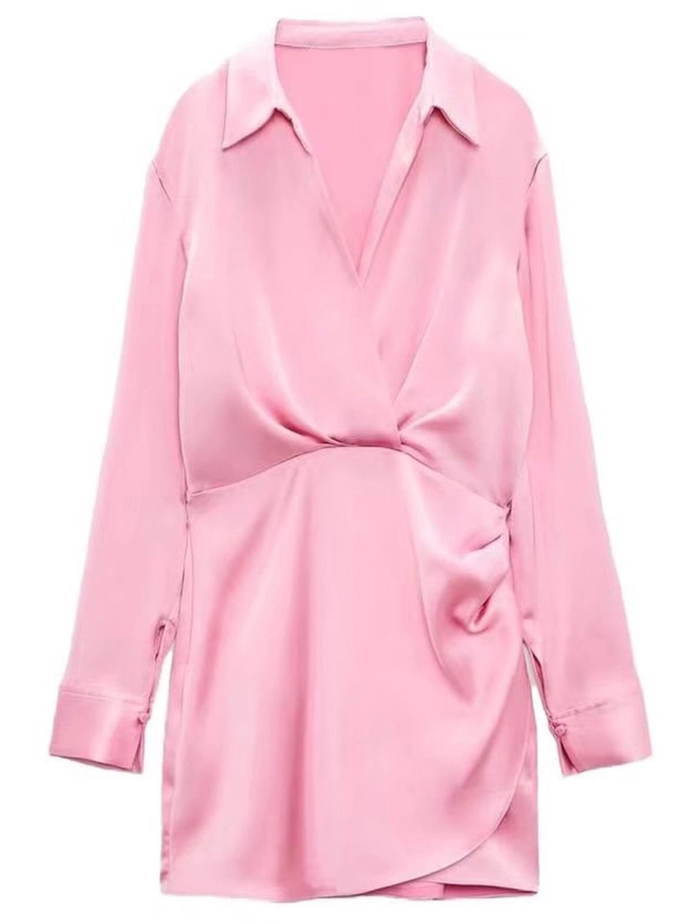 Pink Satin-Feel Wrap Front Mini Dress Long Sleeve Collared Size Large